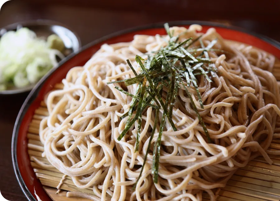 Zaru soba served on a bamboo tray